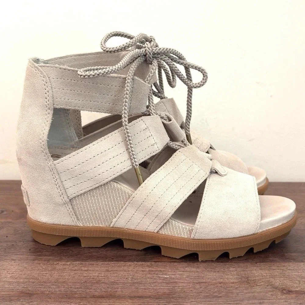 Sorel Wedge Sandals‎ Womens Gladiator Peep Toe Festival Beige Joanie Lace Up 8.5